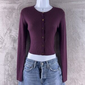 Magaschoni Crop Cardigan Womens Size XS Purple Silk Cashmere Ribbed